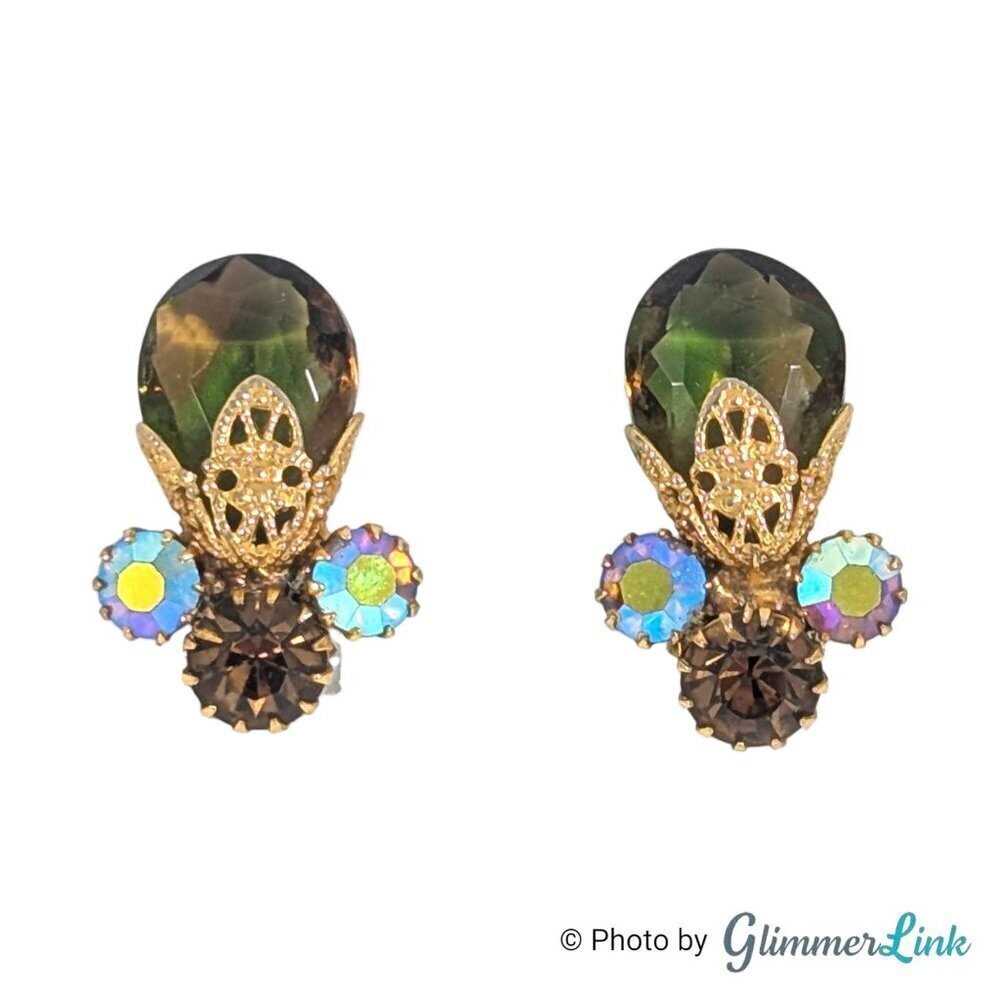 VTG 60s Juliana D&E Green Pear Glass Filigree AB Rhinestone Clip On Earrings
